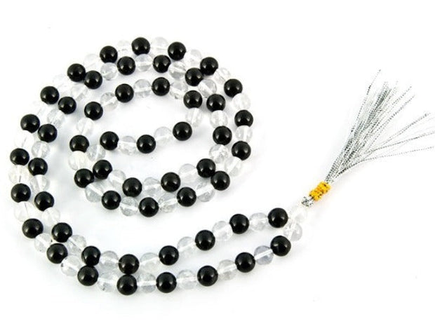 Black Agate and Clear Quartz Prayer Mala